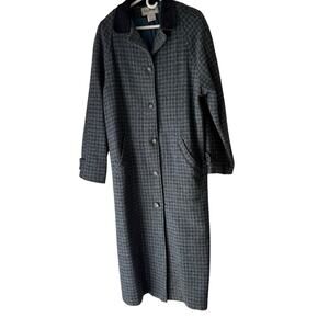 L.L. Bean Vintage 90s Size Large Tweed Wool Blue Plaid Trench Button Up Coat